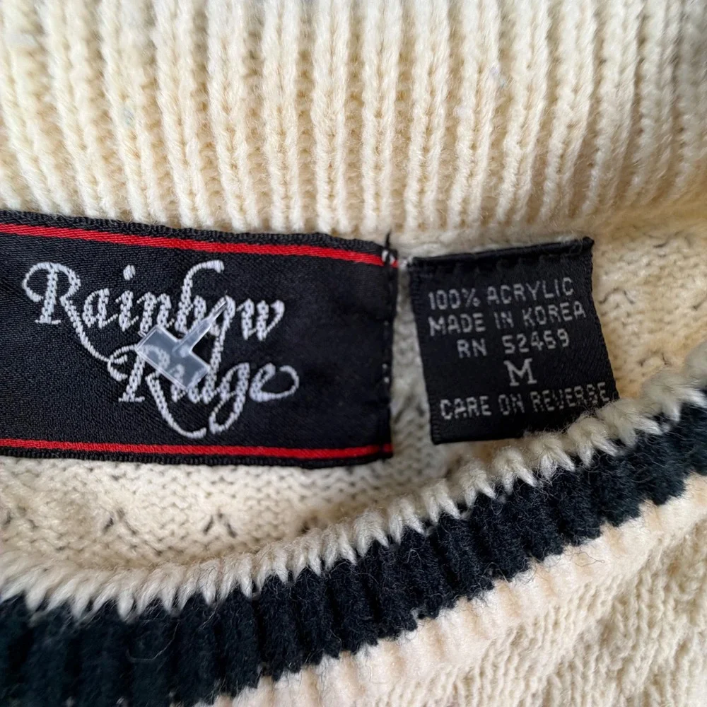 Rainbow Ridge Vintage Sweater Medium Cream Black Fair Isle Nordic Knit Korea 80s